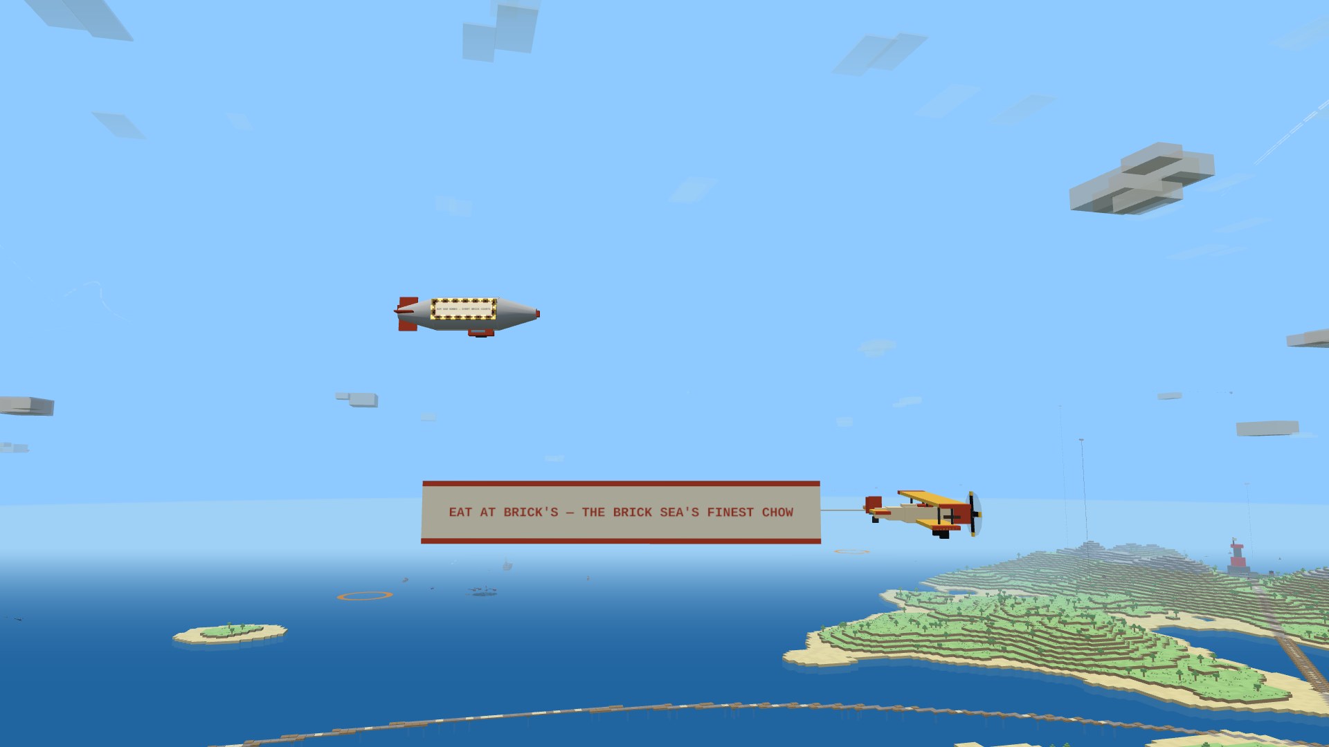 A cream-and-gold biplane towing a cloth banner reading EAT AT BRICK'S — THE BRICK SEA'S FINEST CHOW over the sea, a silver ad zeppelin with a light-ringed sign board on its flank holding station beyond