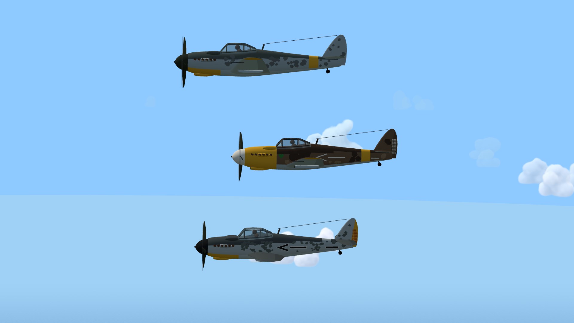 Three Bf 109s stacked like a page of profile plates: one in grey mottle with a yellow chin and fuselage band, one in field browns with a white spinner, a yellow cowl and a small green heart under the windscreen, and one in dense grey mottle with a black spinner, a yellow rudder covered in red victory bars, and a black chevron and bars on its flank