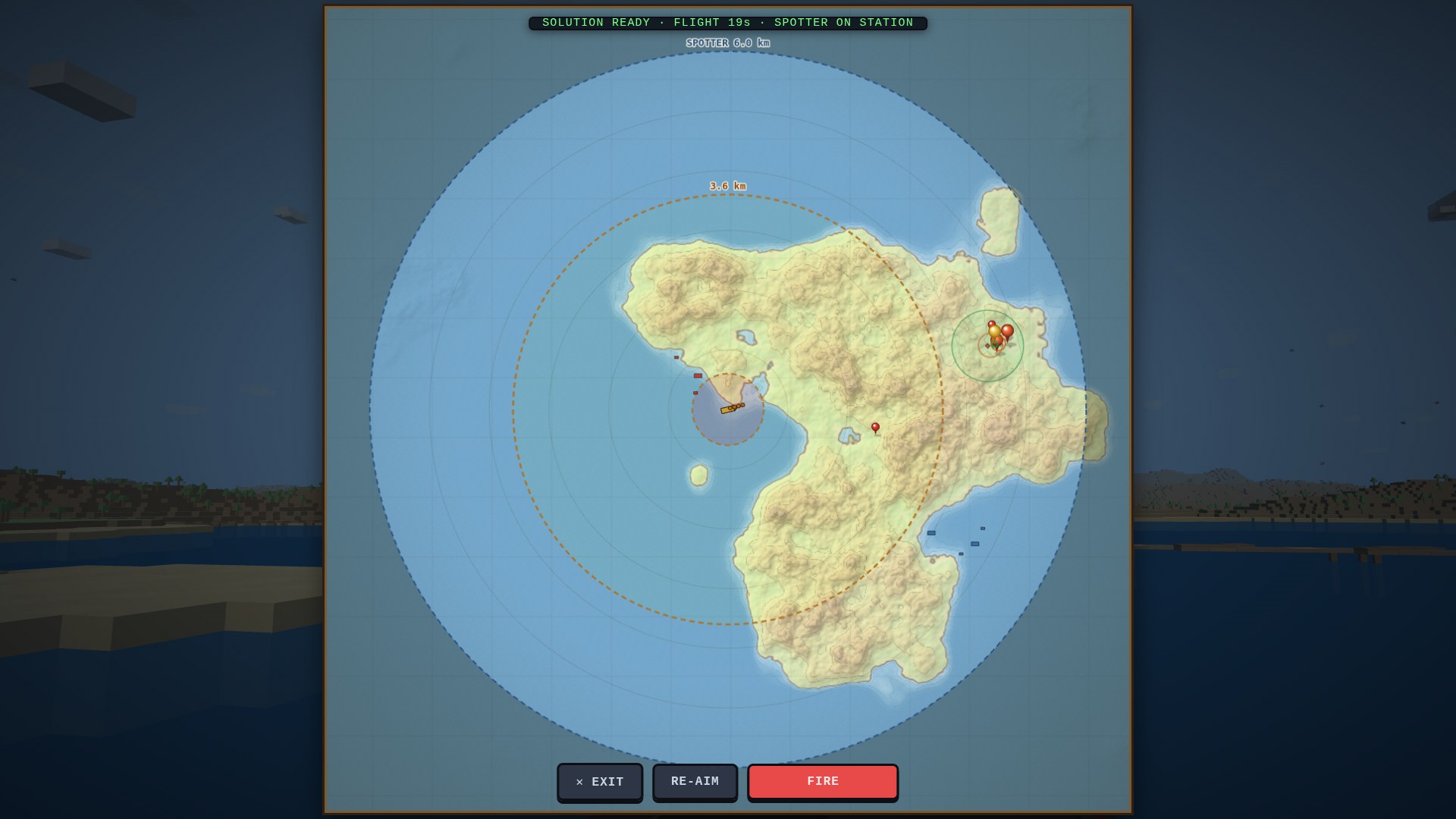 The battleship gunner's plotting table: a full-screen fire-control chart with the direct-fire ring, a wider dashed spotter range, a friendly plane's green view bubble lifting the fog over a cluster of enemy targets, and a solved fire mission ready to fire