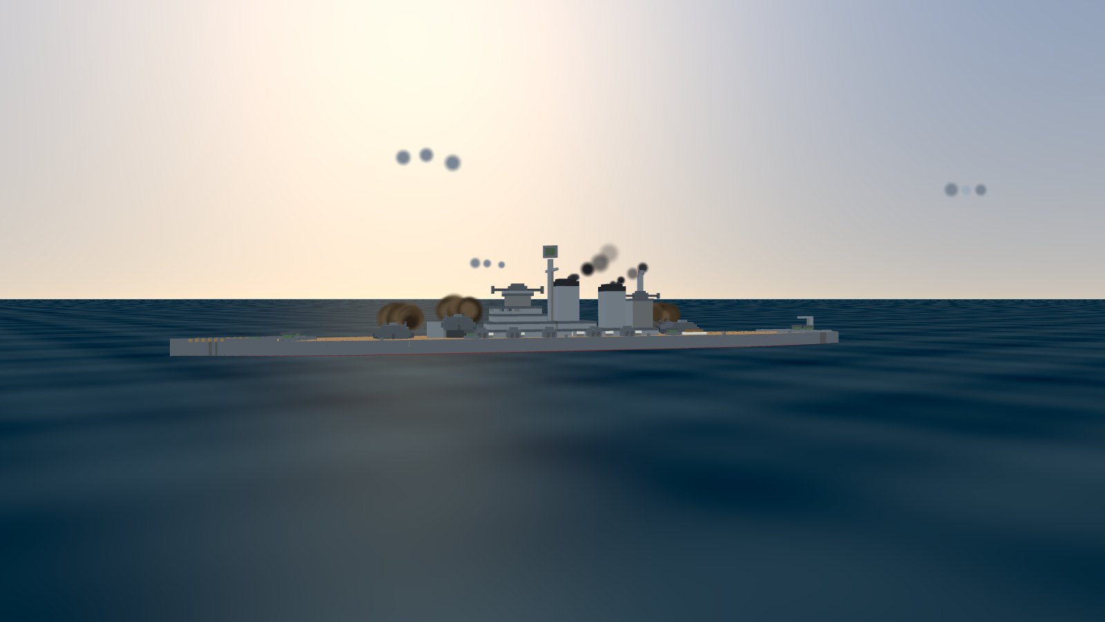 The voxel USS New Jersey in profile at sea, cordite smoke rolling over her forward turrets after a full salvo