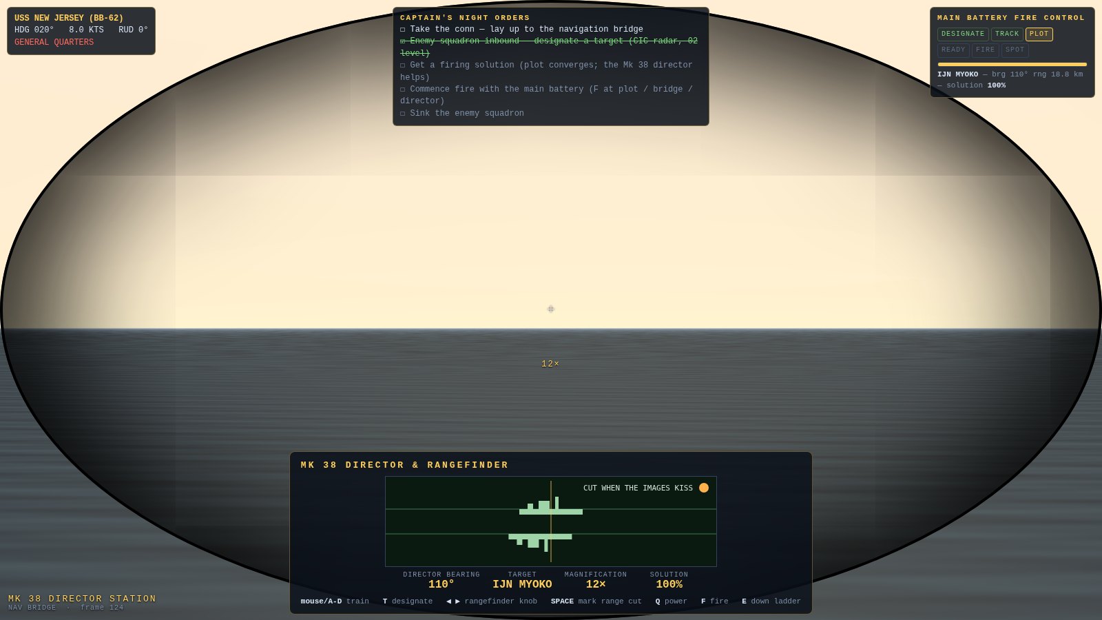 The Mk 38 director view at 12x: binocular vignette on the horizon with the coincidence rangefinder panel below