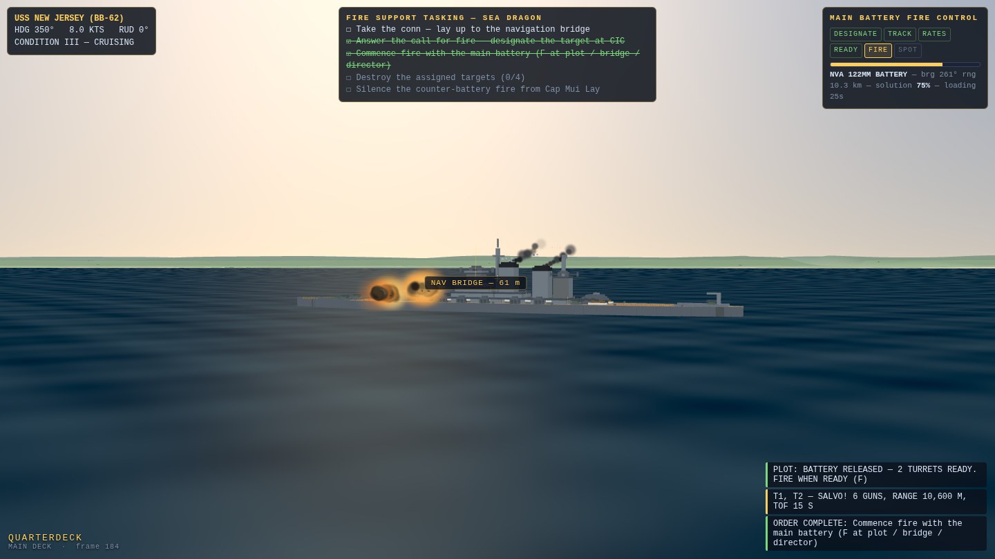 The voxel New Jersey firing a main battery salvo toward the Vietnamese coast, muzzle smoke rolling over the forward turrets