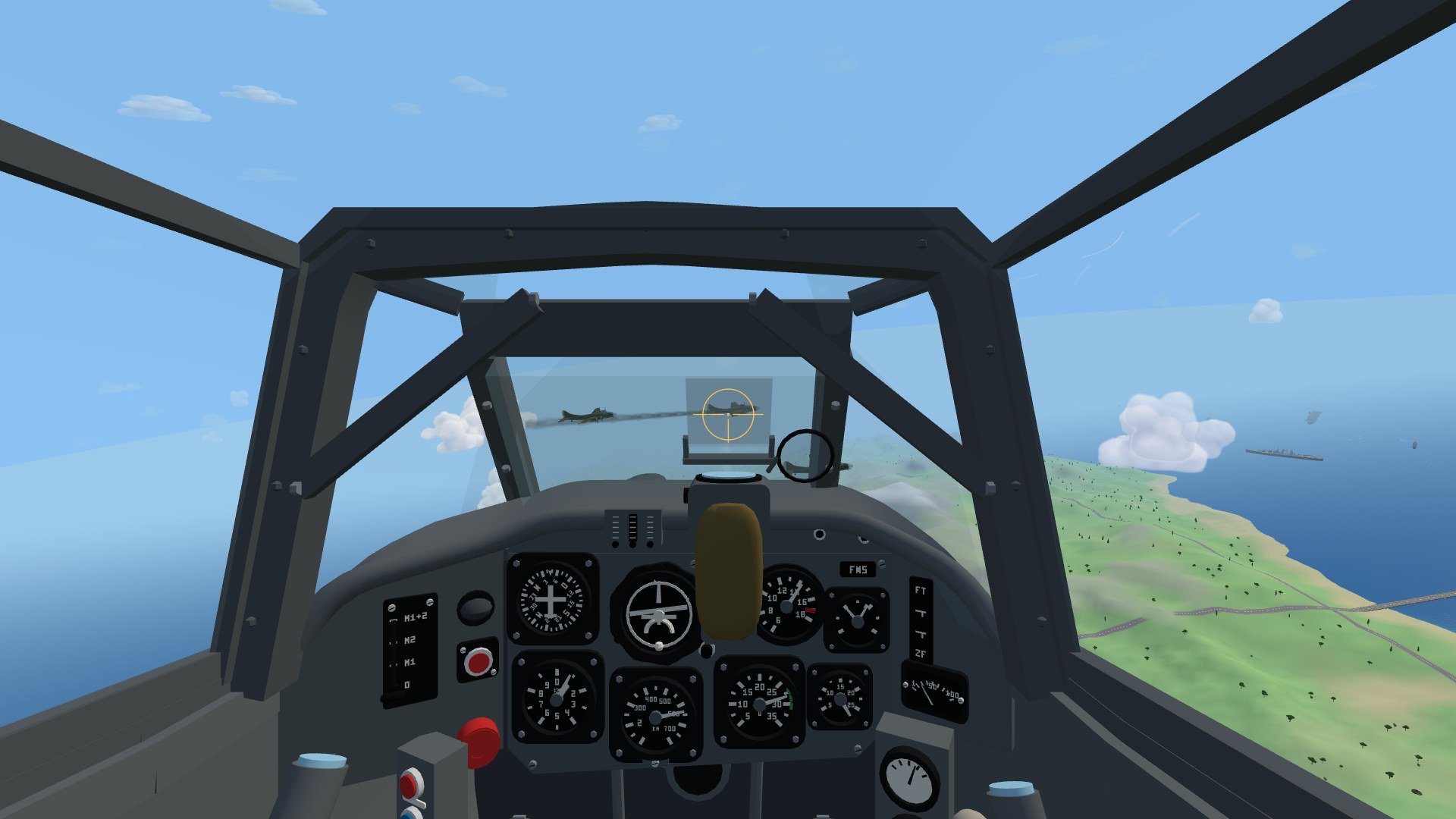 The view from a Bf 109's cockpit: a heavy grey windscreen frame with knee braces in the corners, the Revi gunsight on top of a grey instrument panel with an amber ring and cross on its glass, and a smoking cobalt bomber inside the ring with two more in formation beyond