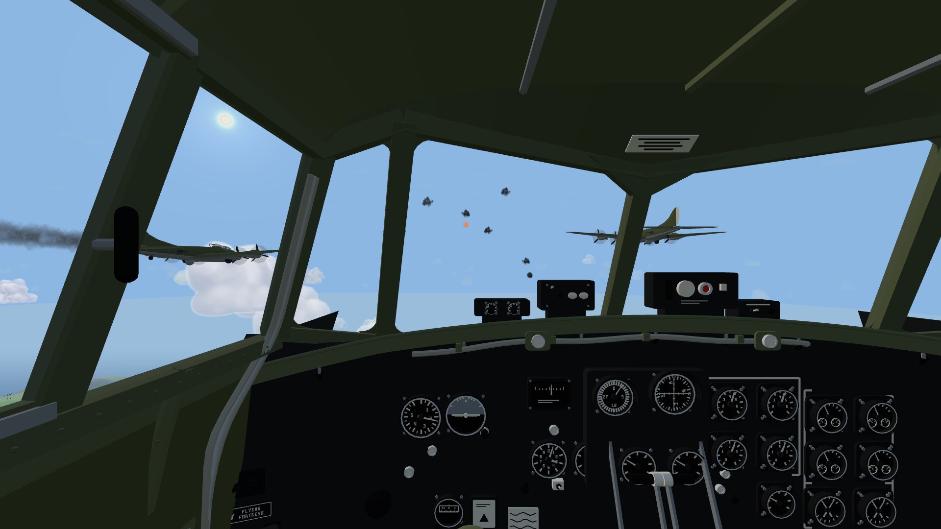 The view from a B-17's flight deck: a wide windscreen with heavy frames, a crimson-winged bomber ahead to the right, another trailing black smoke off the left side, flak bursts ahead, and the long instrument panel across the bottom