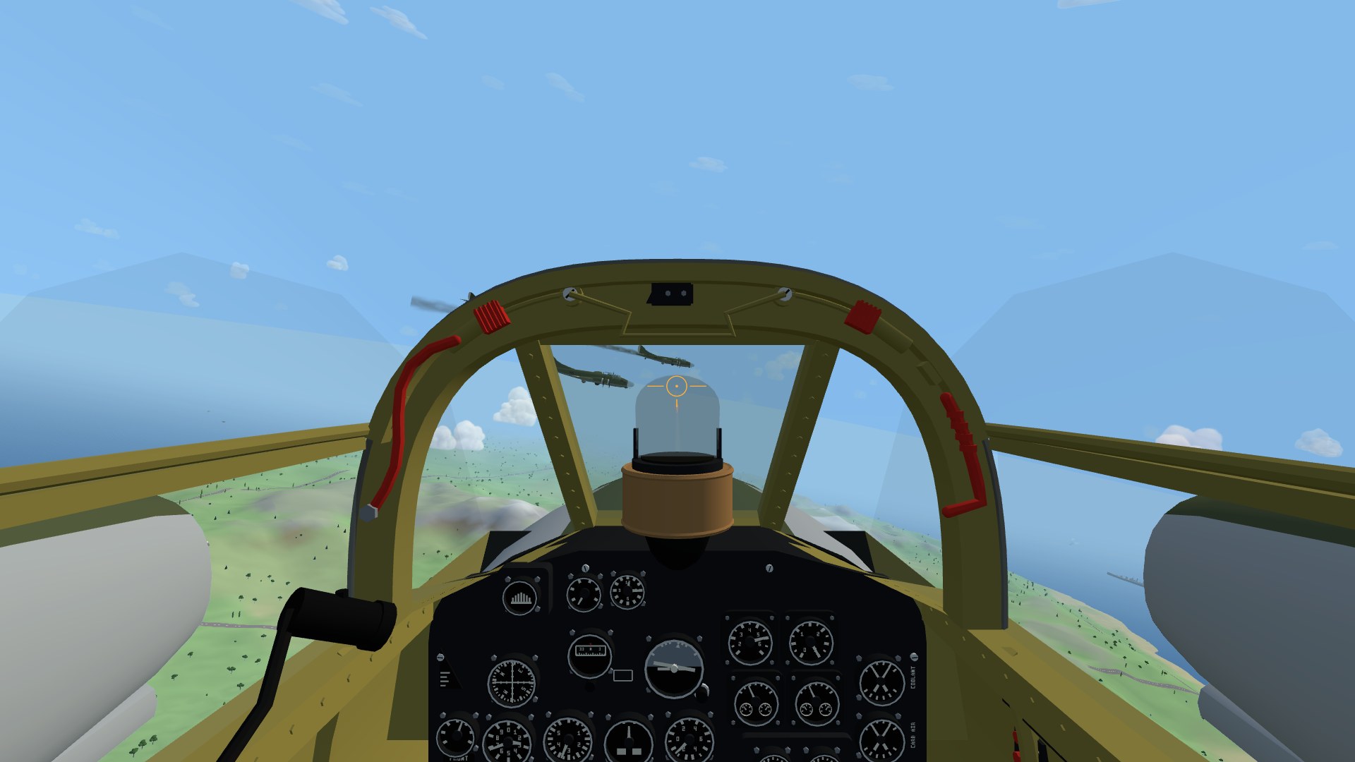 The view from a P-38 Lightning's cockpit: two engine nacelles either side of the seat, the round-topped gunsight on its tan crash pad with an amber ring, and a stream of cobalt bombers crossing the windscreen trailing smoke