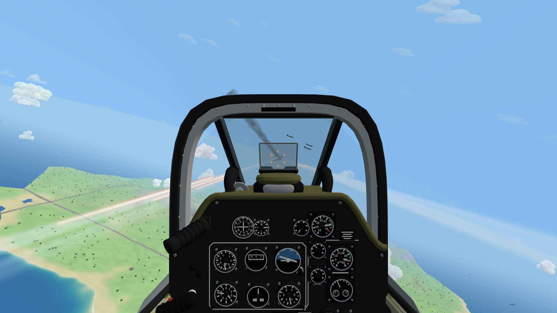 The view from a P-51D Mustang's cockpit high over a green island: a grey windscreen arch with two dark posts, the K-14 gunsight on an olive glare shield with six amber diamonds round its pip and a smoking cobalt fighter inside them, three bombers beyond, tracers streaking in from both wings, and the black instrument panel below