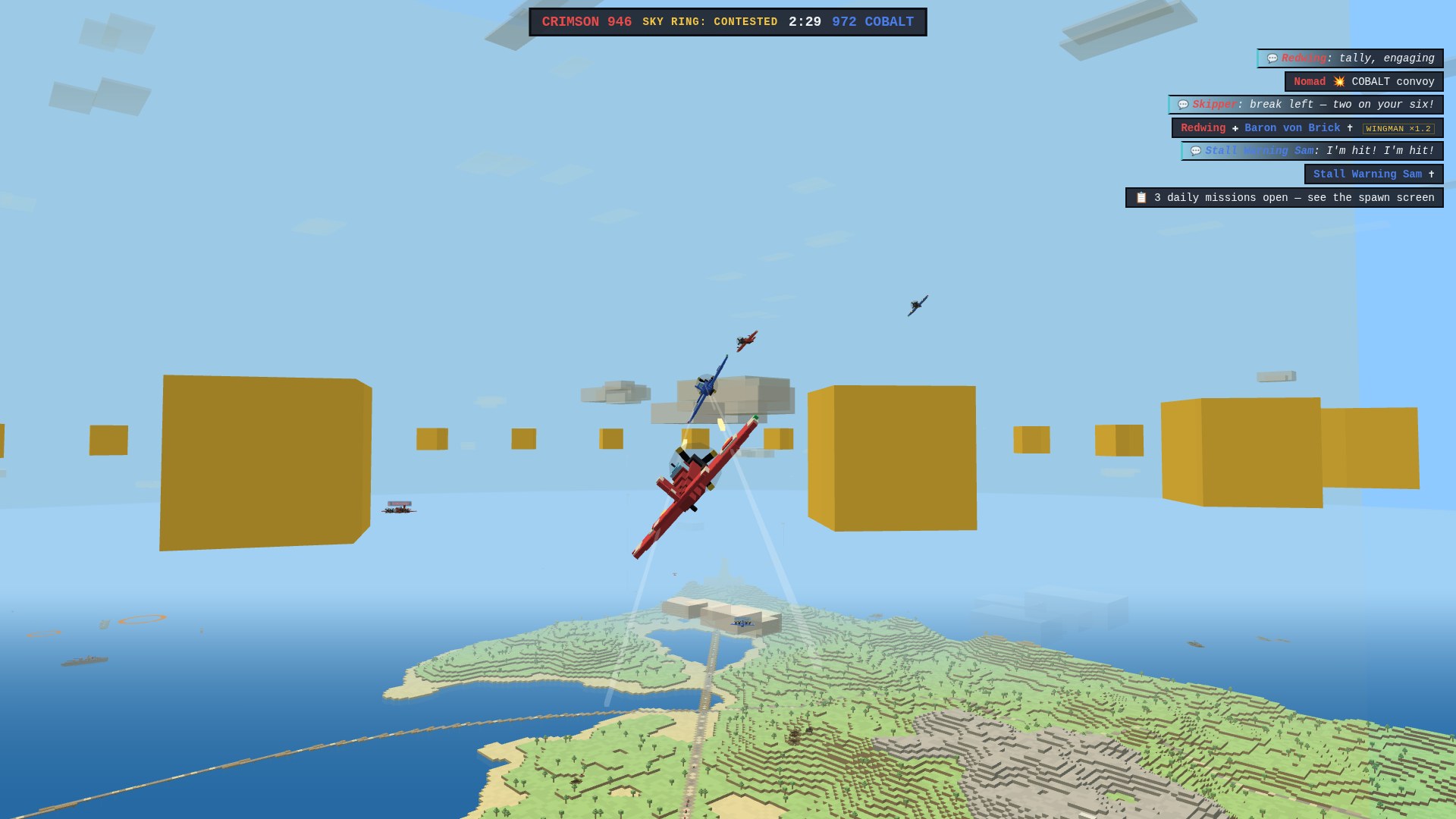 The top-right feed showing team chat and kill lines in one stream — chat lines carry a soft cyan accent bar and a speech-bubble tag, kill and event lines stay plain — over a two-on-two dogfight around the gold Sky Ring blocks