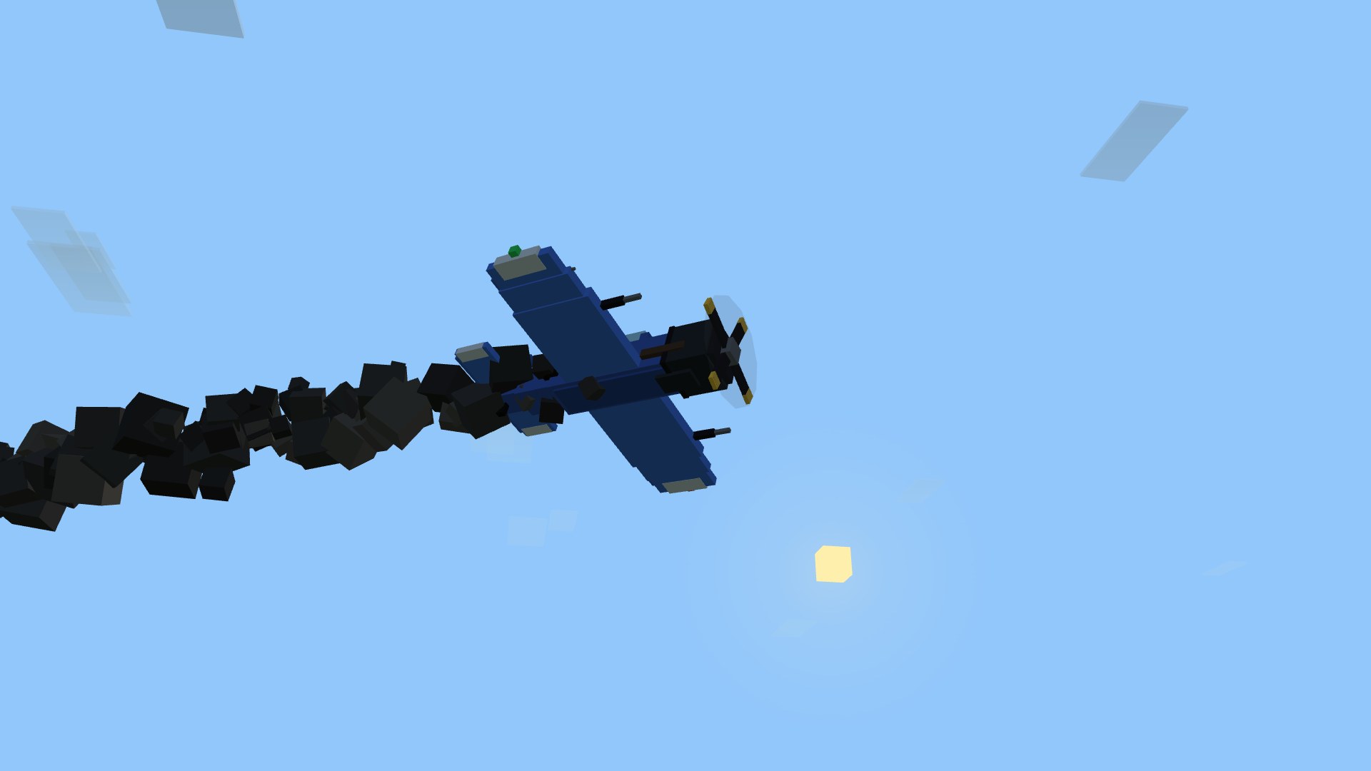 A cobalt Sparrowhawk with a blackened, soot-streaked engine cowl pouring a column of smoke against the open sky