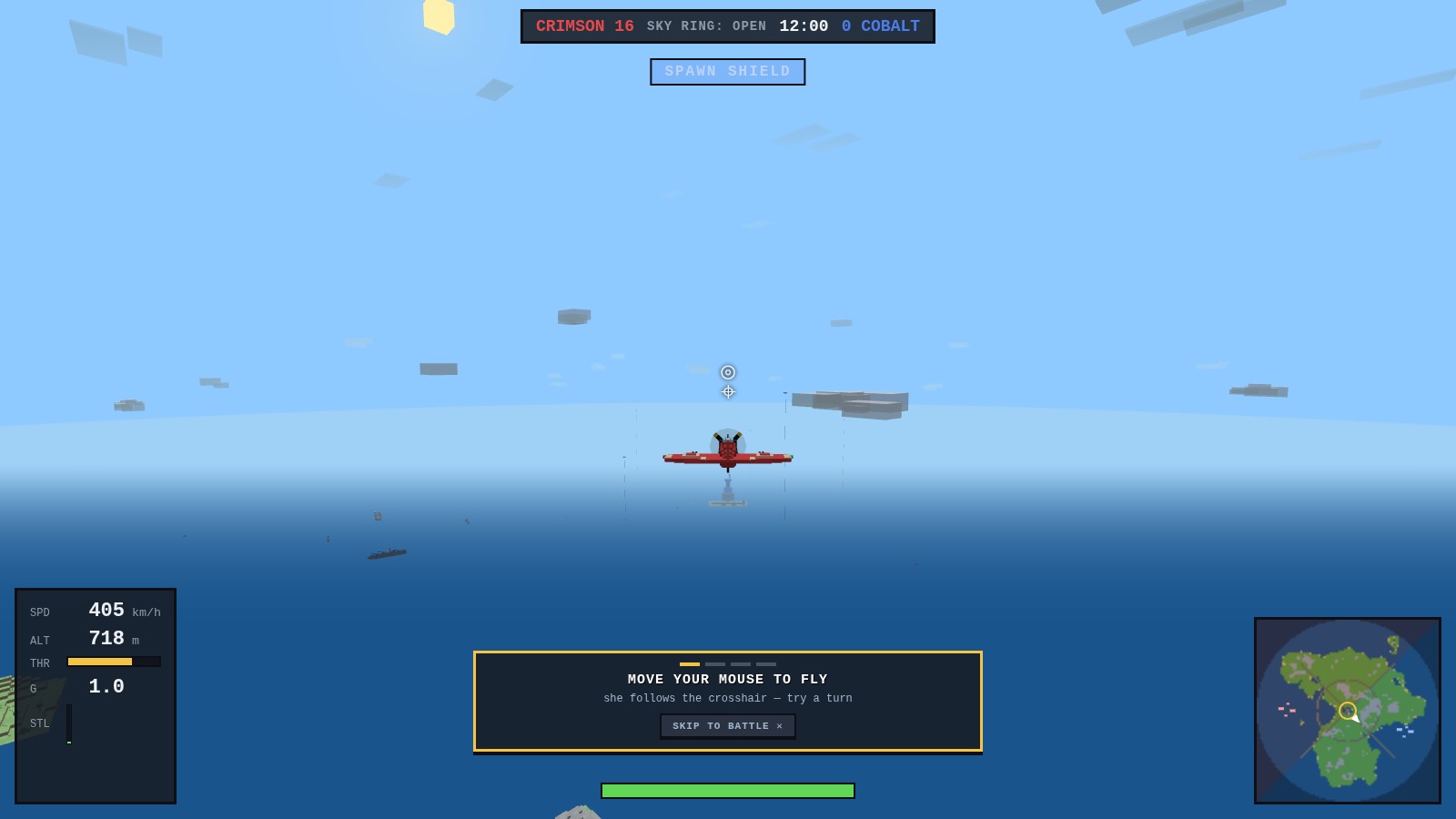 A brand-new pilot's first sortie: a Sparrowhawk flying level over the Brick Sea with a gold-bordered coach card at the bottom of the screen reading MOVE YOUR MOUSE TO FLY, a four-step progress rail above it and a SKIP TO BATTLE button below