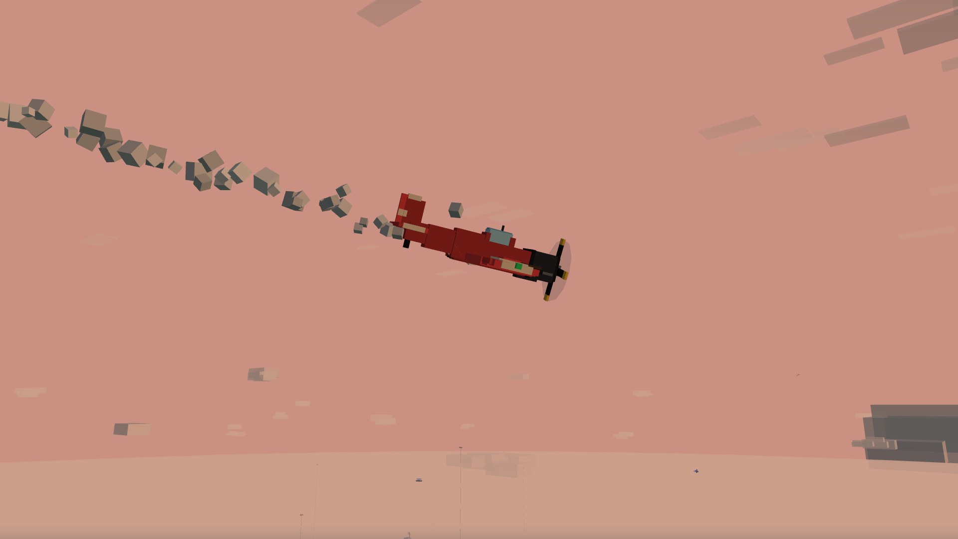 A crimson Sparrowhawk nosing down at sunset trailing a long pale streak of vaporizing fuel, with no fire