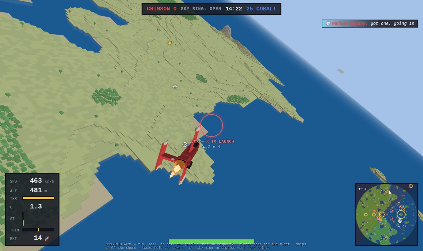 A crimson Starfang banking hard over the coast, afterburner lit, the seeker ring burning solid red with LOCK — R TO LAUNCH under it
