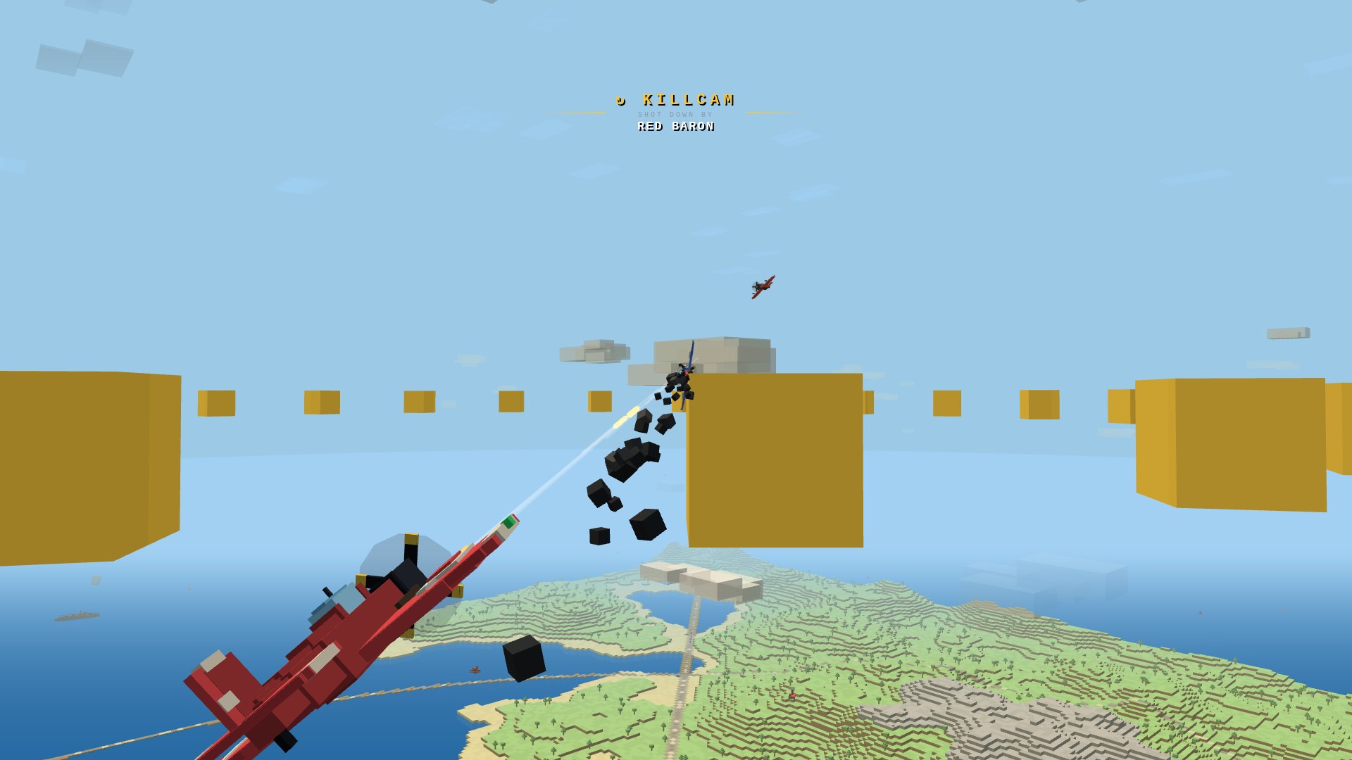 The killcam: a crimson Sparrowhawk at the frame's edge with guns firing on a cobalt Thunderhead burning ahead, seen from the killer's high three-quarter, the gold KILLCAM badge naming RED BARON across the top
