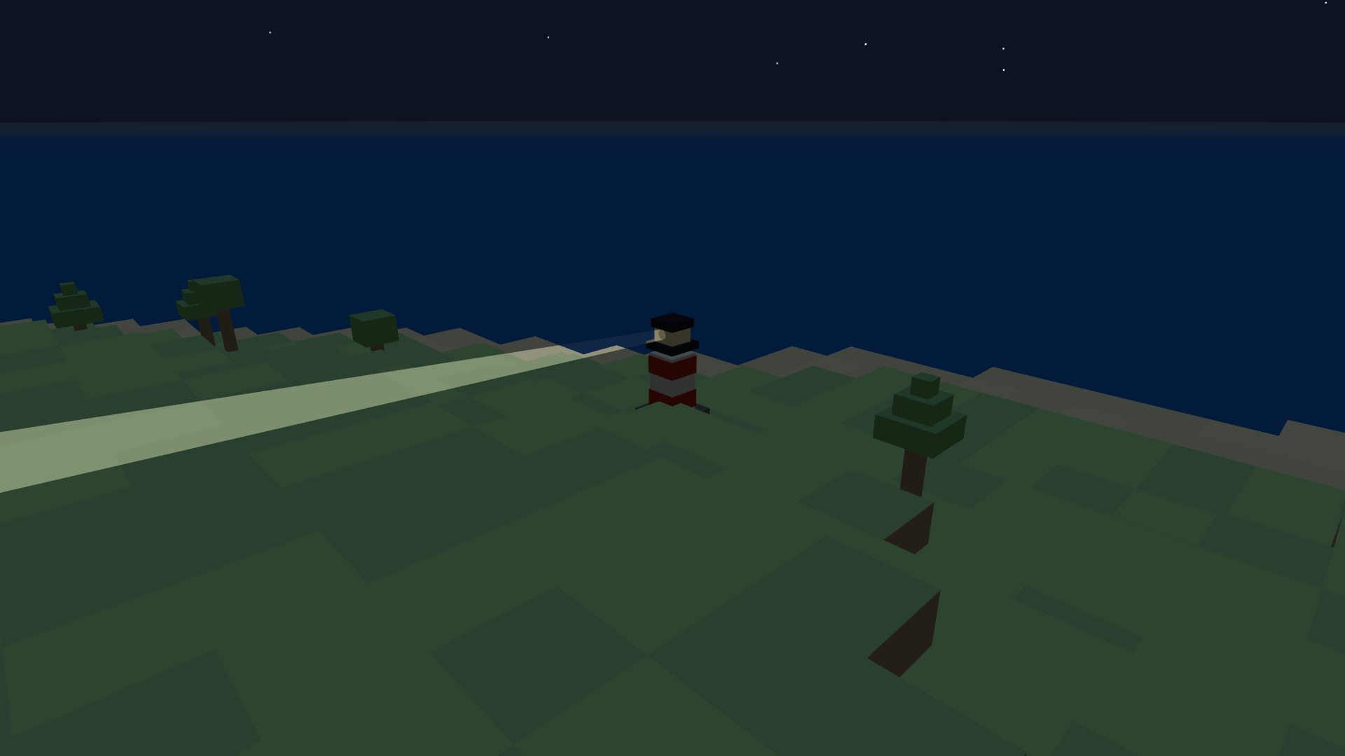 A striped red-and-white coastal lighthouse at night, its lantern lit and a pale beam sweeping out over the dark water under a field of stars