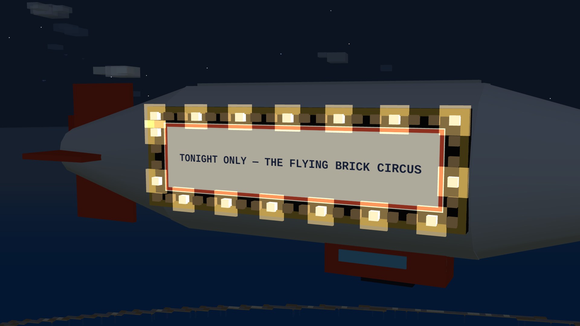 Close on the ad zeppelin's flank after dark: a timber sign board with a gold rim, reading TONIGHT ONLY — THE FLYING BRICK CIRCUS, ringed by big warm-white bulbs with a running light chasing around the frame