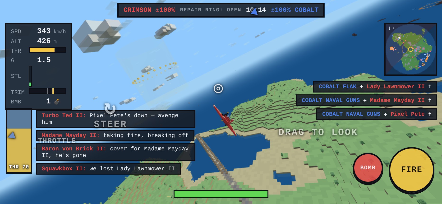 A first-flight spawn on touch with three ghosted coach labels over the live control zones: STEER with a curved thumb-arc glyph on the left, DRAG TO LOOK on the right, and THROTTLE beside the left-edge slider