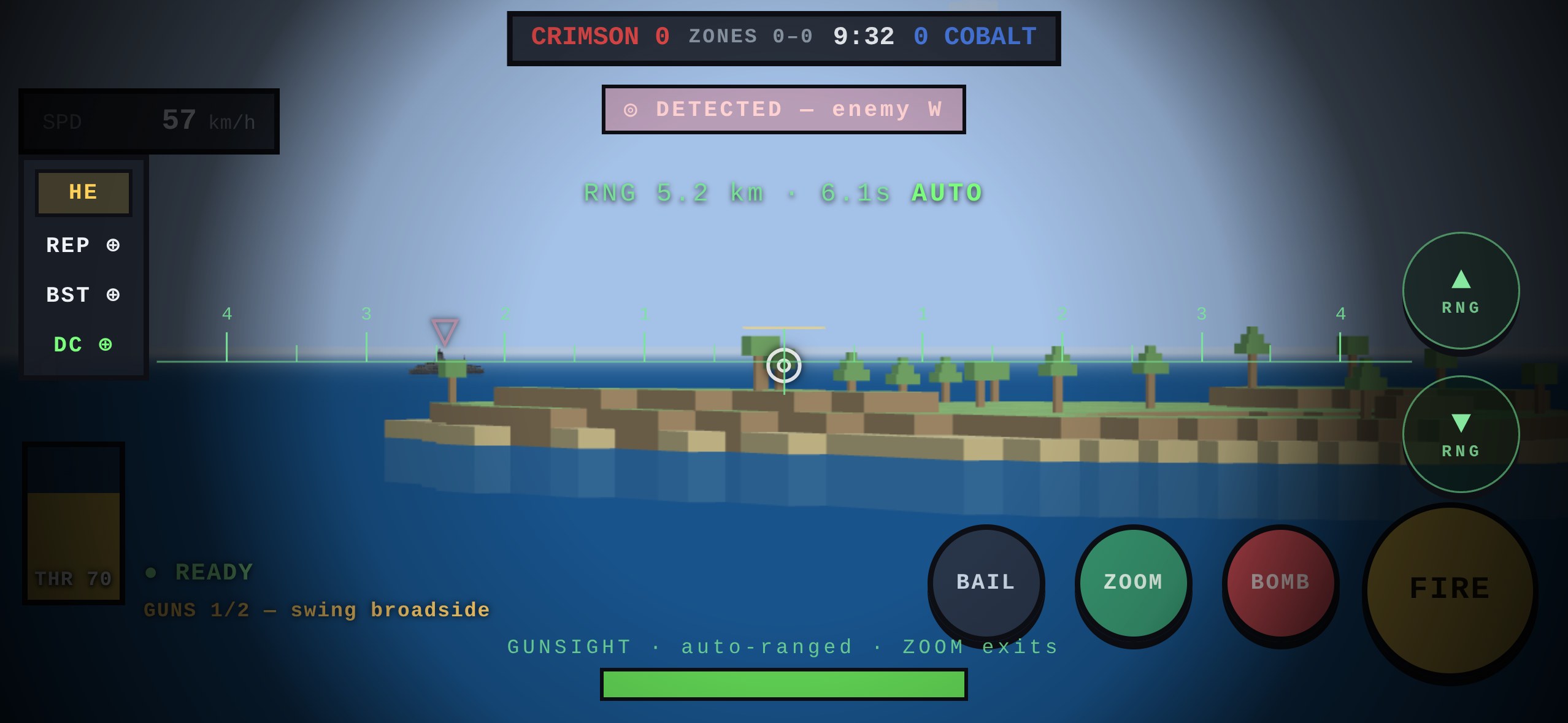 The naval theater on a phone in landscape: a slim column of tappable conning chips on the left rail (loaded shell, repair, boost, damage control), a DETECTED banner and RNG rangefinder stacked cleanly under the score bar, the binocular gunsight's lead scale across the sea, a range dial on the right edge, and thumb-sized ZOOM / BOMB / FIRE buttons bottom-right — the horizon itself left clear