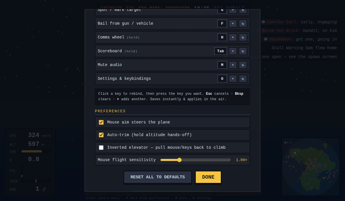 The Settings screen mid-sortie: keybinding rows above, and under PREFERENCES the new Mouse flight sensitivity slider beside the mouse aim, auto-trim, and inverted elevator options
