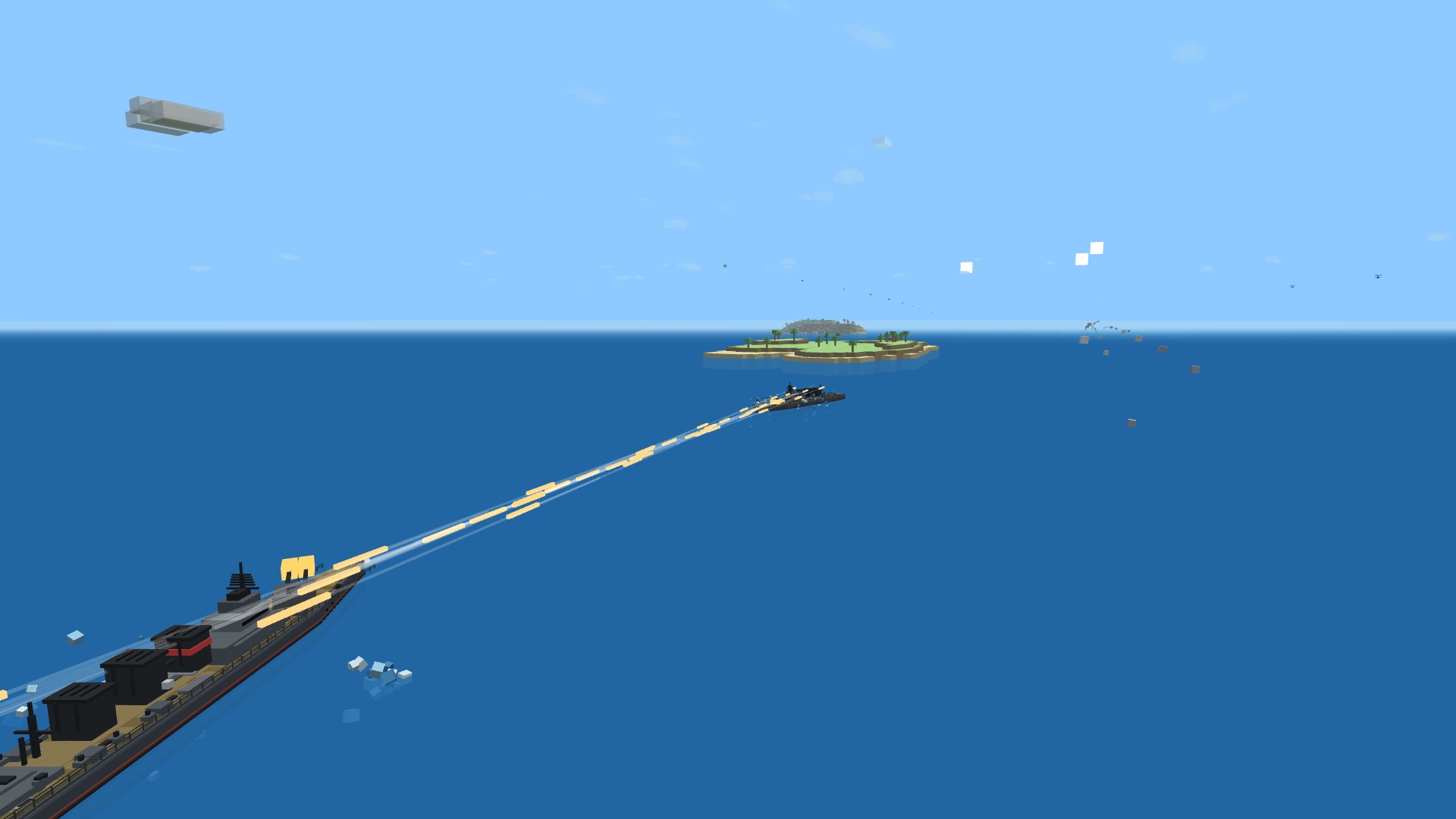 Two blocky cruisers trading broadsides across open water, salvos of main-battery shells streaking between them and one ship afire