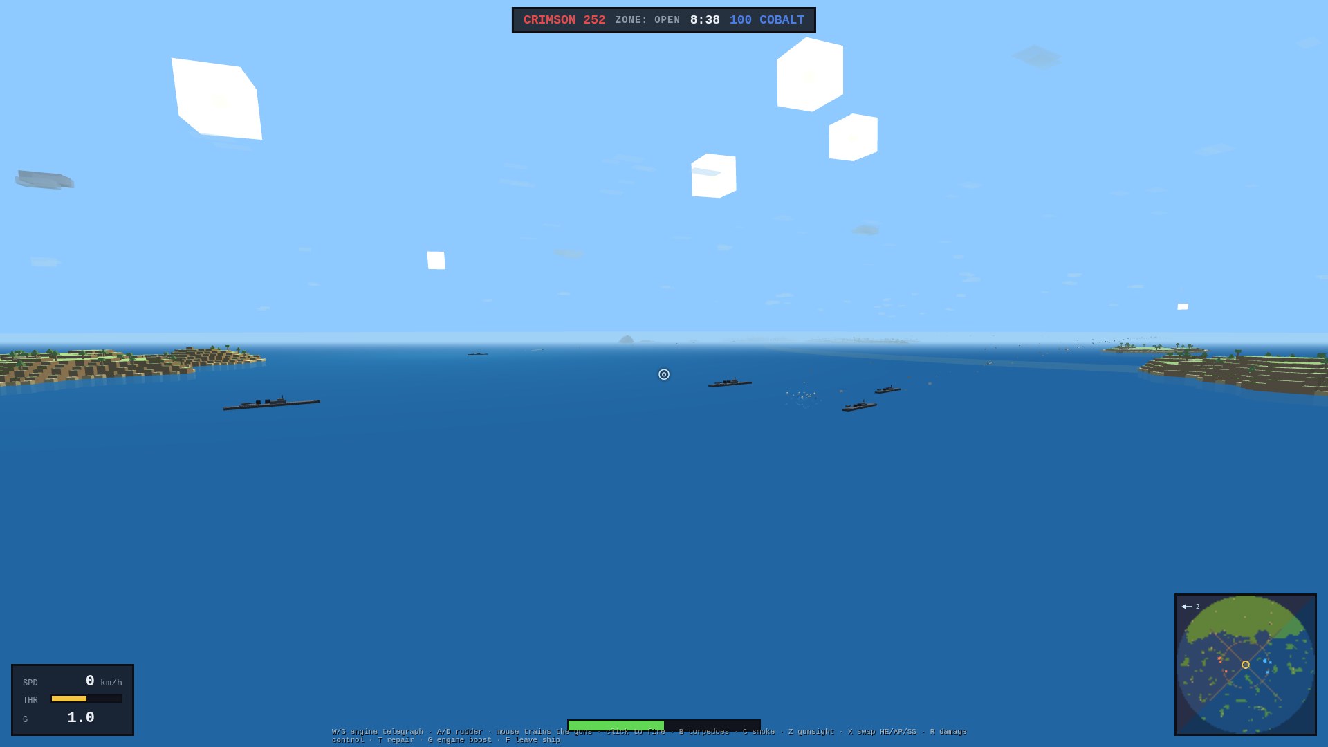 An AI division steaming in line across open sea between two islands: several warships strung out in formation, the destroyer screen leading and the heavier ships trailing in the line, main-battery splashes bracketing a target mid-frame