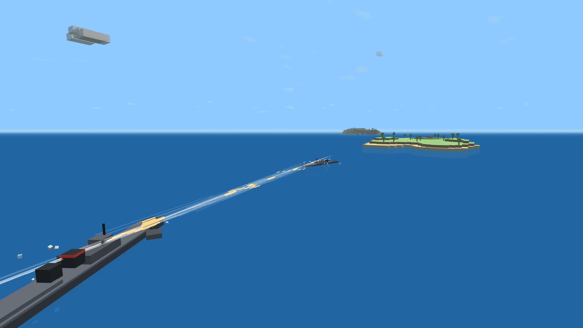 Two blocky warships circling at close range on open water, streams of small high-explosive shells crossing the gap between them as their secondary batteries open fire
