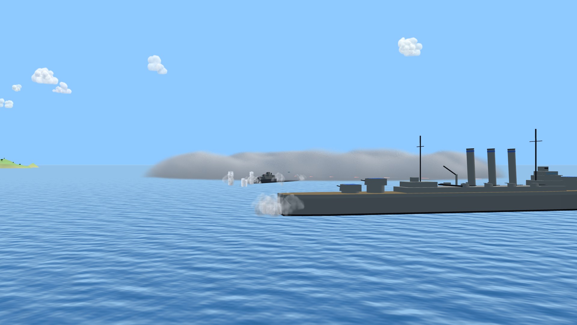 From a cruiser's deck, a long low bank of grey smoke lying on the sea, a destroyer steaming into its wall while the cruiser's shells splash short of her