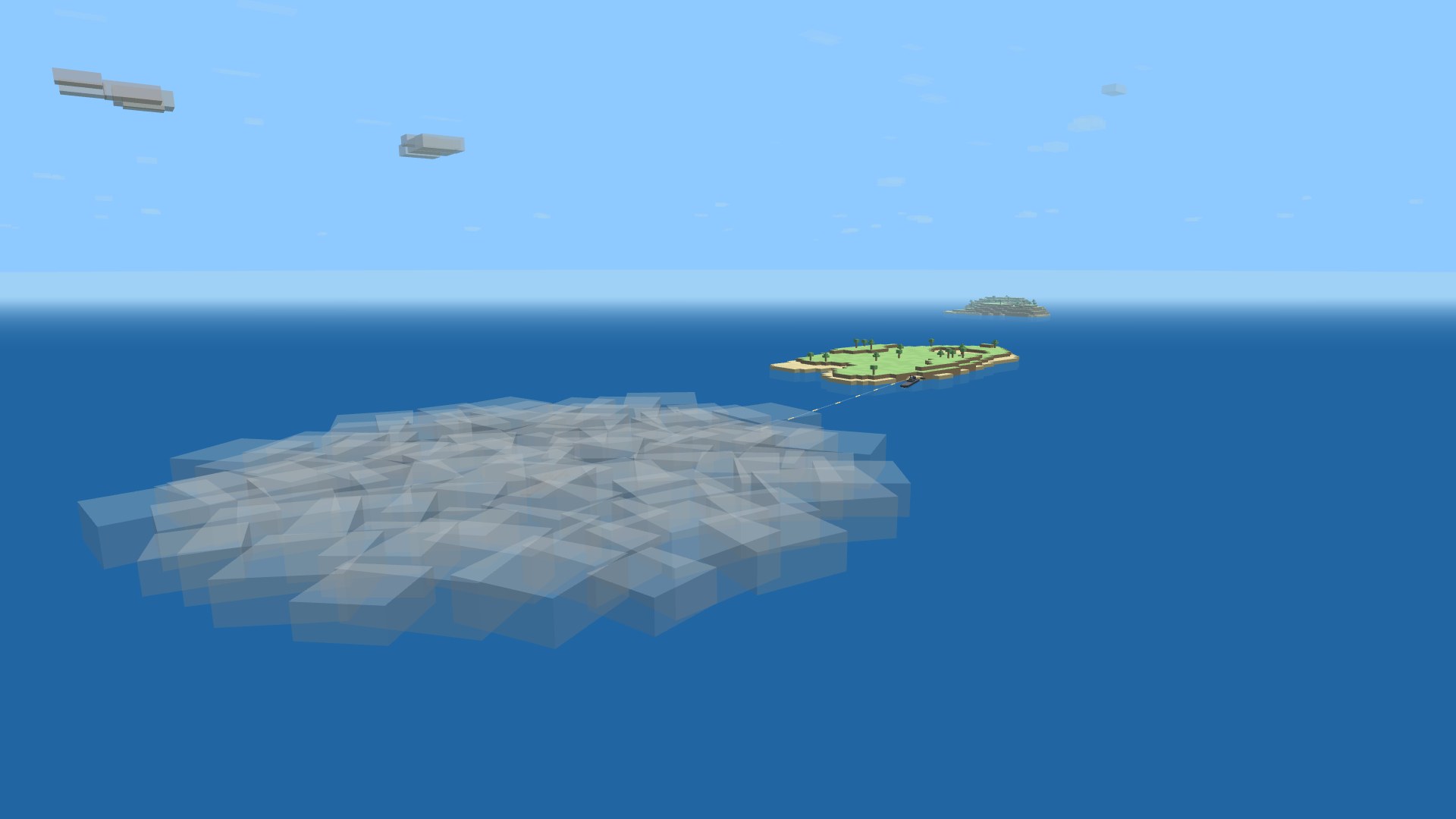 A low bank of grey smoke spread across the blue sea, a warship standing off to one side firing into it while another hides within