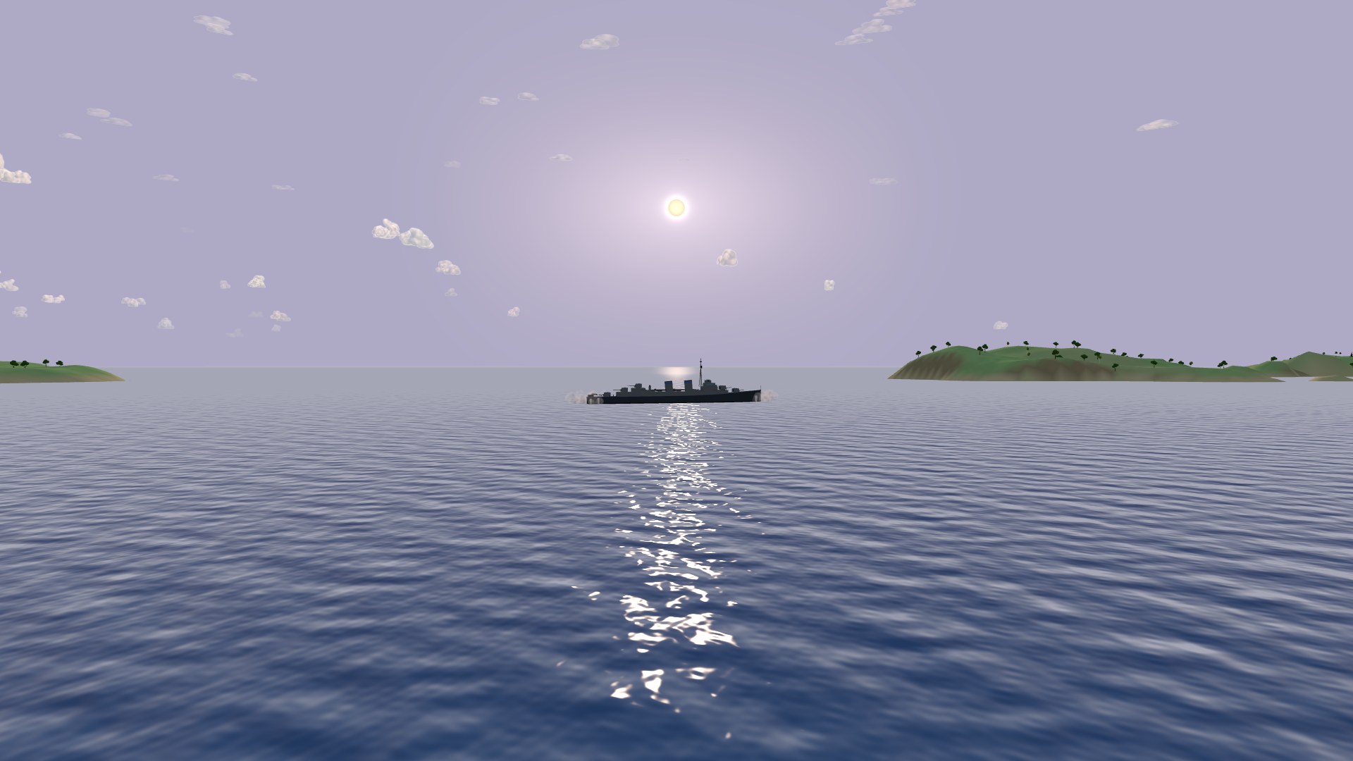 A grey destroyer in silhouette on a glittering path of sunlight across a rippled sea, a round low sun above the horizon between two green islands