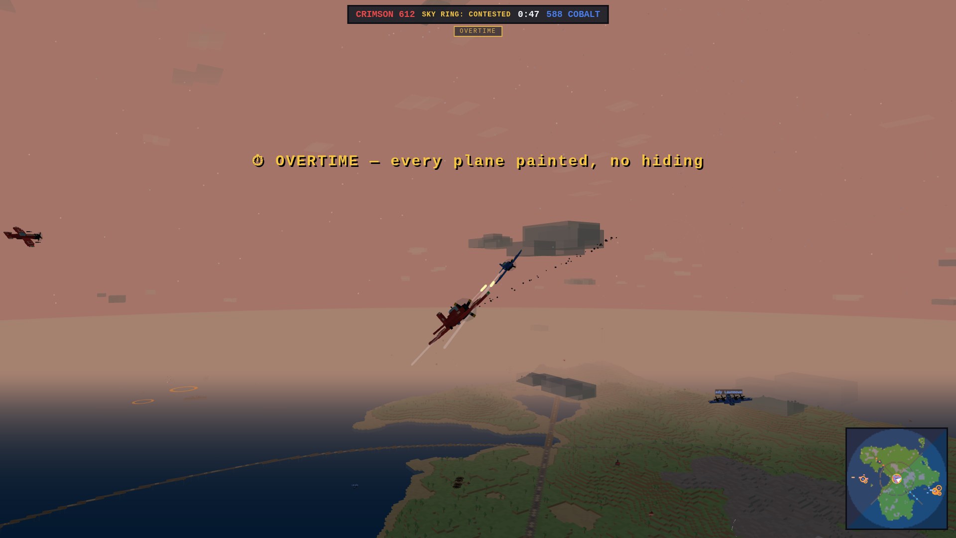 A dogfight bathed in hot amber overtime light, a crimson fighter firing on a cobalt one over a coastline, with a tight CRIMSON 612 to 588 COBALT score, a 0:47 clock reading SKY RING: CONTESTED, an OVERTIME chip and banner, and a minimap showing every plane on both teams
