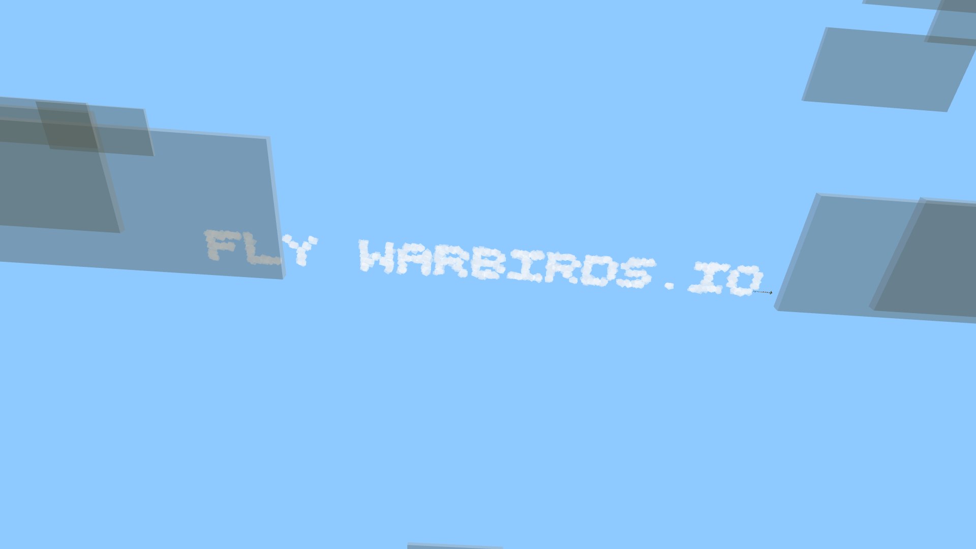 Billowing white smoke capitals reading FLY WARBIRDS.IO laid flat across a deep blue sky, seen from below looking up past the cloud deck, the writer biplane rolling off the end of its final pass