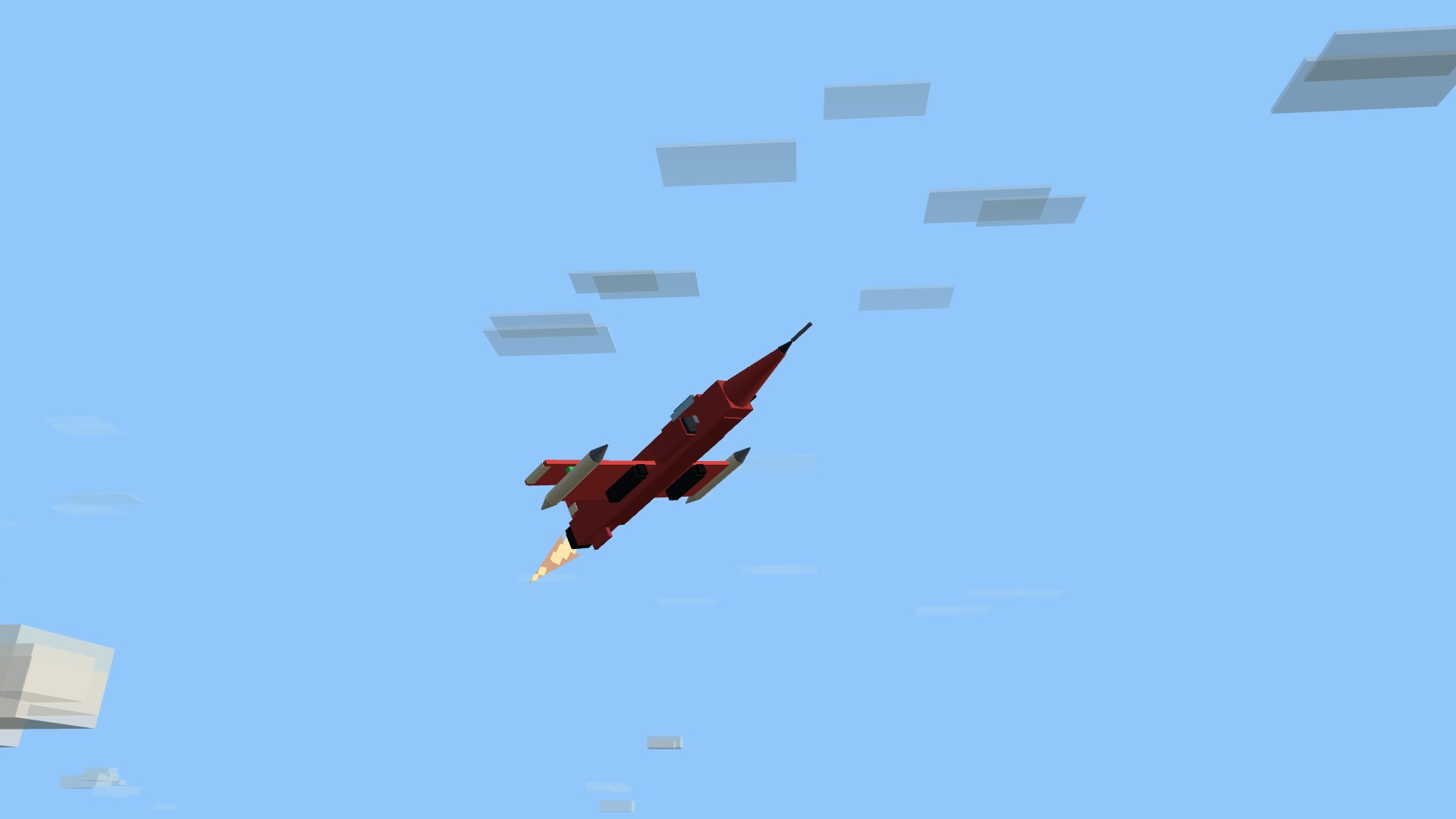 The crimson Starfang early jet climbing hard against the morning sky, afterburner lit, tip tanks and T-tail catching the light, a prop fighter falling far behind