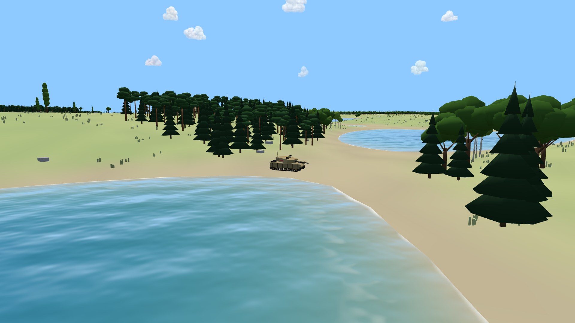 A tan tank parked on a sandy lakeshore beside pine woods, clear pale-blue water in the foreground and a second lake beyond