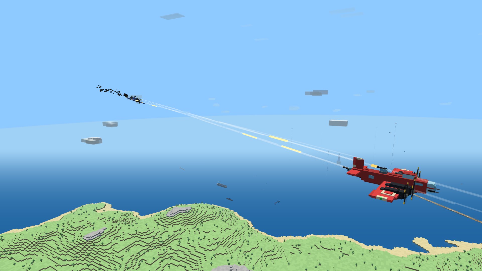 A crimson Leviathan heavy bomber with its tail stinger and dorsal turret both trained aft, twin .50 cal tracer streams converging on a smoking enemy fighter shedding debris behind it