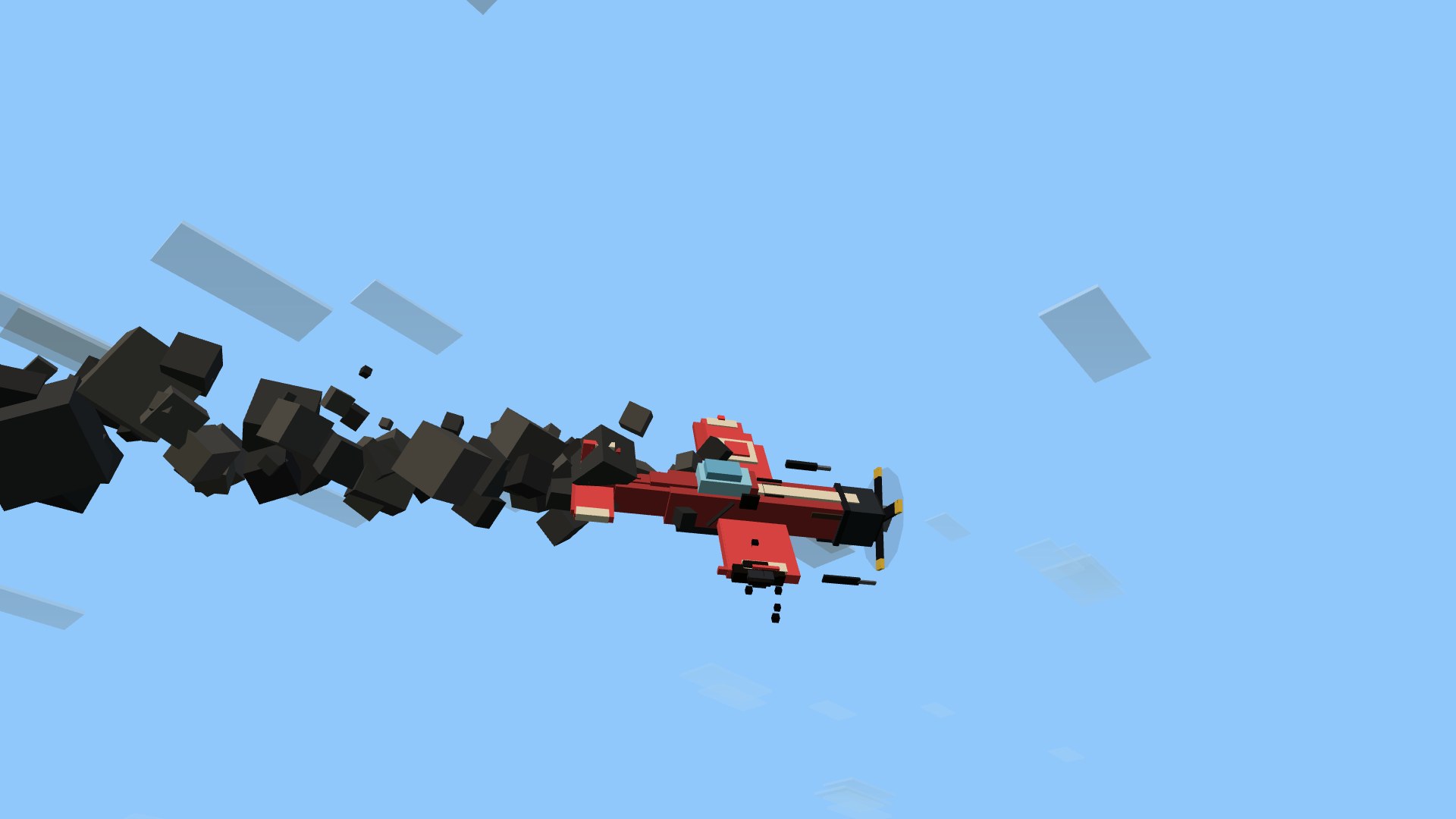 A crimson Thunderhead with its right outer wing torn clean off at the spar, the severed tip tumbling away, rolling onto the stump